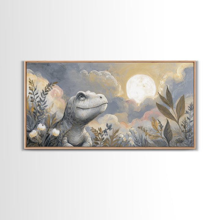 Tiny Dinosaur with Friendly Expression Framed Canvas Print, Nursery Art, Kids Wall Art, Nursery Decor, Fine Art, Nursery, NUR-2x1-11