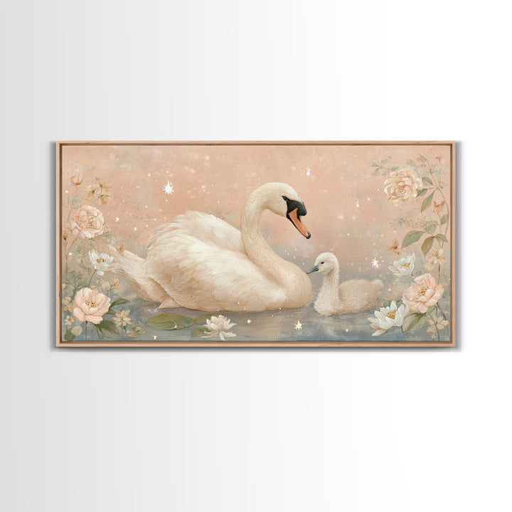 Swan and Cygnet Framed Canvas Print, Nursery Art, Luxury Decor, Nursery Decor, Nursery, Nursery Wall Art, Printable Art, NUR-2x1-12