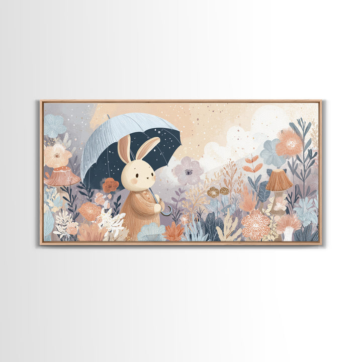 Bear and Rabbit Sharing Umbrella Framed Canvas Print, Nursery Art, Minimalist Decor, Nursery Decor, Fine Art, Nursery, NUR-2x1-13