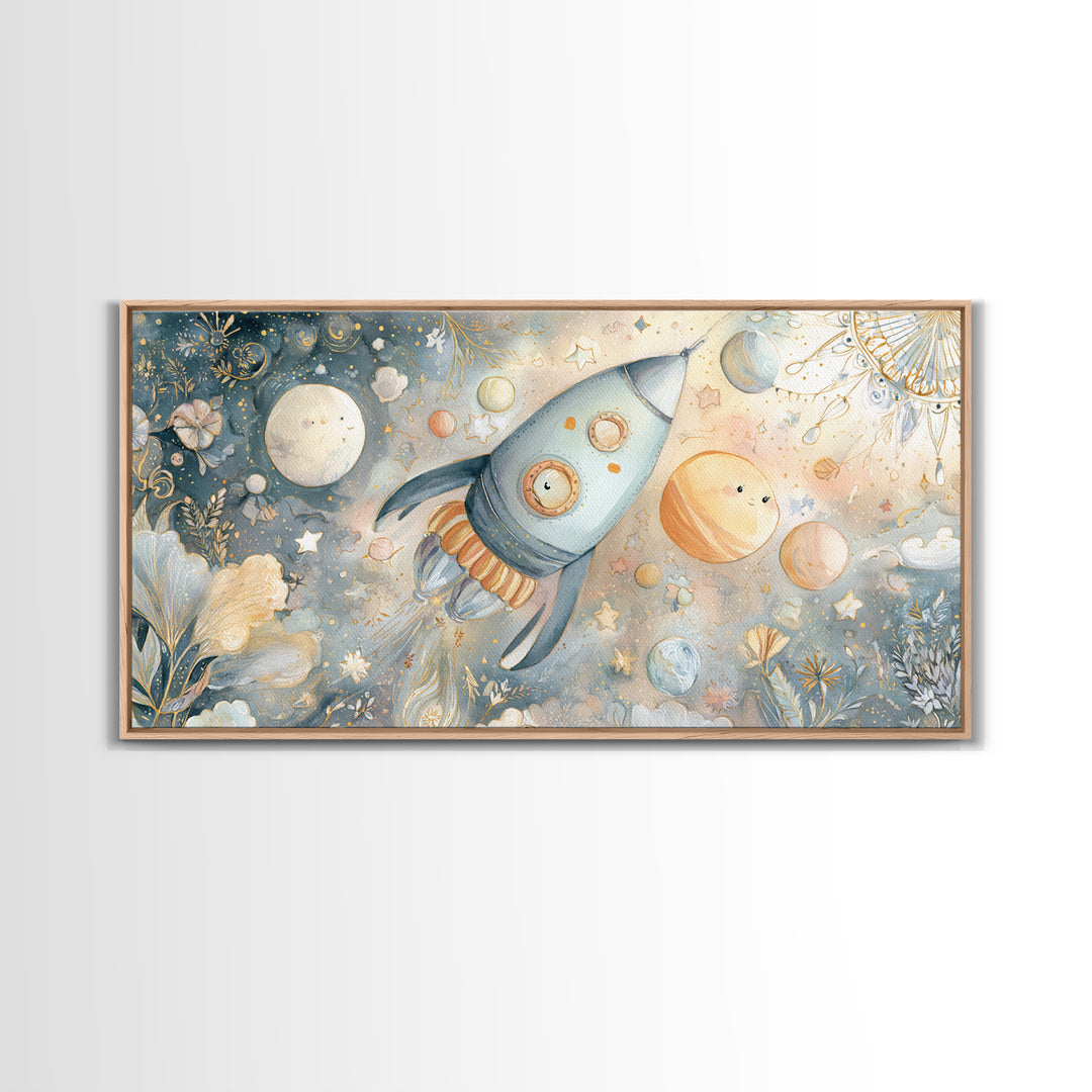Rocket Ship and Smiling Planets Canvas Print, Nursery Art, Contemporary Art, Nursery Decor, Fine Art, Nursery, Nursery Prints, NUR-2x1-17