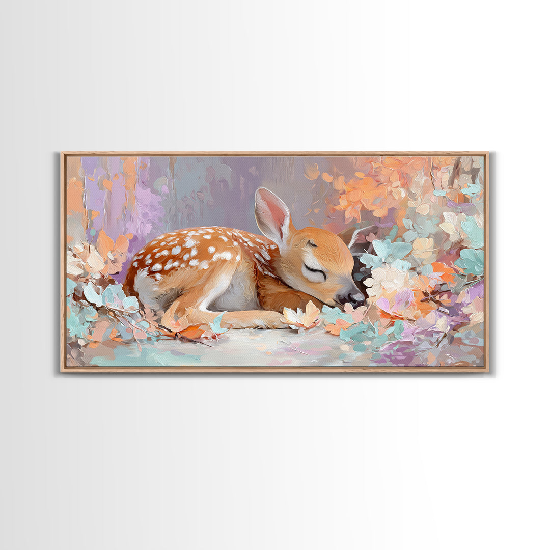 Deer Fawn Sleeping Framed Canvas Print, Nursery Art, Kids Room Wall Art, Nursery Decor, Fine Art, Nursery, Luxury Decor, NUR-2x1-19