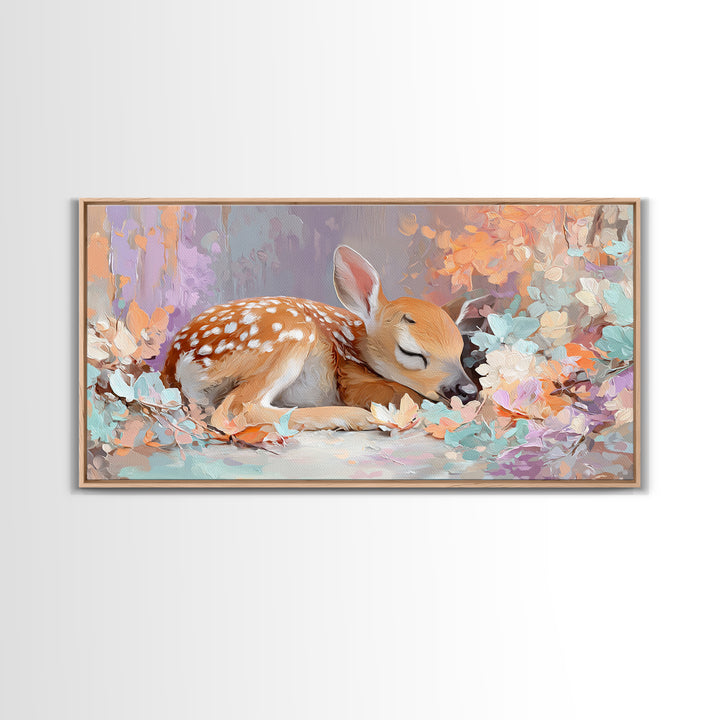 Deer Fawn Sleeping Framed Canvas Print, Nursery Art, Kids Room Wall Art, Nursery Decor, Fine Art, Nursery, Luxury Decor, NUR-2x1-19