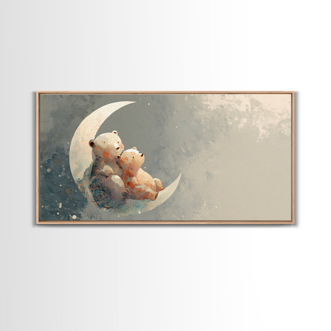 Baby Bear Floating on a Crescent Moon Canvas Print, Nursery Art, Boho Decor, Nursery Decor, Abstract Art, Nursery, NUR-2x1-2