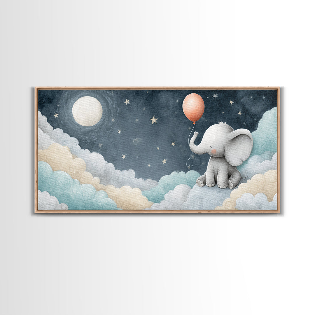 Sleepy Baby Elephant Holding a Tiny Balloon Canvas Print, Nursery Art, Wall Art, Nursery Decor, Oil Painting, Nursery, NUR-2x1-21