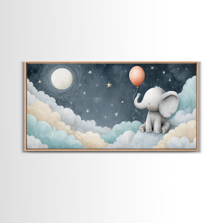 Sleepy Baby Elephant Holding a Tiny Balloon Canvas Print, Nursery Art, Wall Art, Nursery Decor, Oil Painting, Nursery, NUR-2x1-21