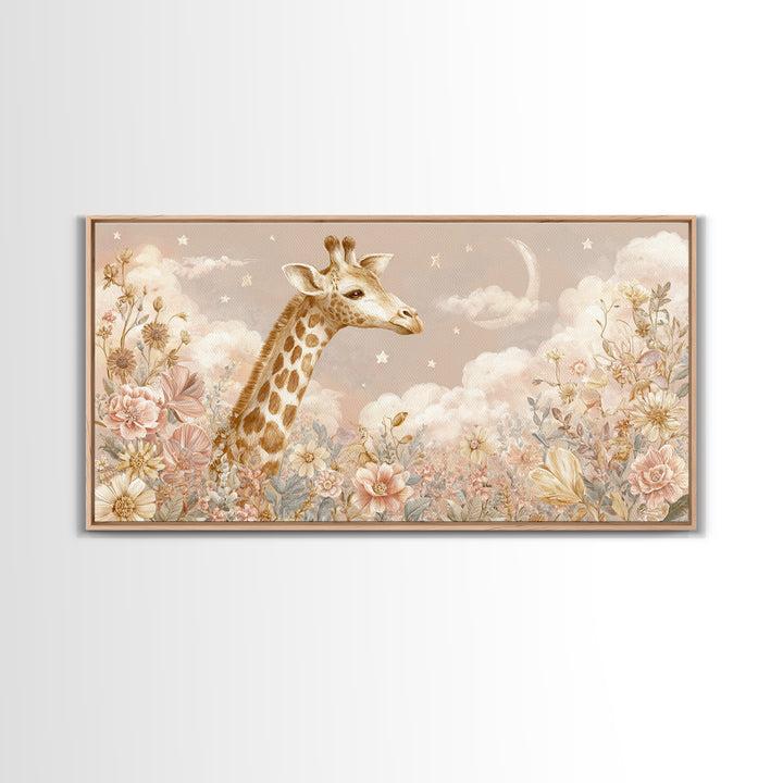 Gentle Giraffe with Pastel Flowers Canvas Print, Nursery Art, Statement Artwork, Nursery Decor, Fine Art, Nursery, NUR-2x1-22