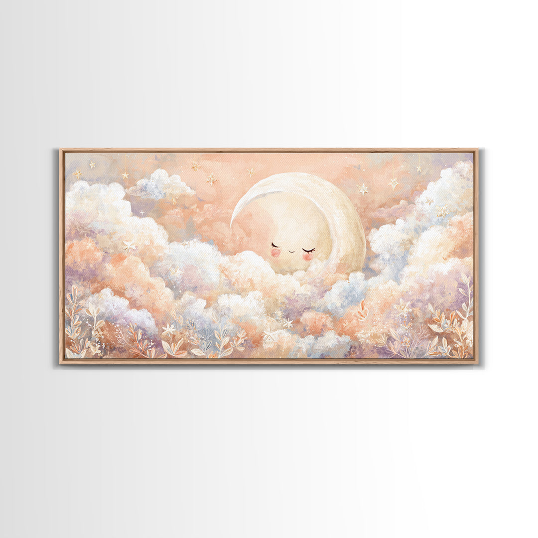 Moon and Stars Framed Canvas Print, Nursery Art, Nursery Decor, Watercolor Art, Nursery, Kids Wall Art, Woodland Nursery, NUR-2x1-23