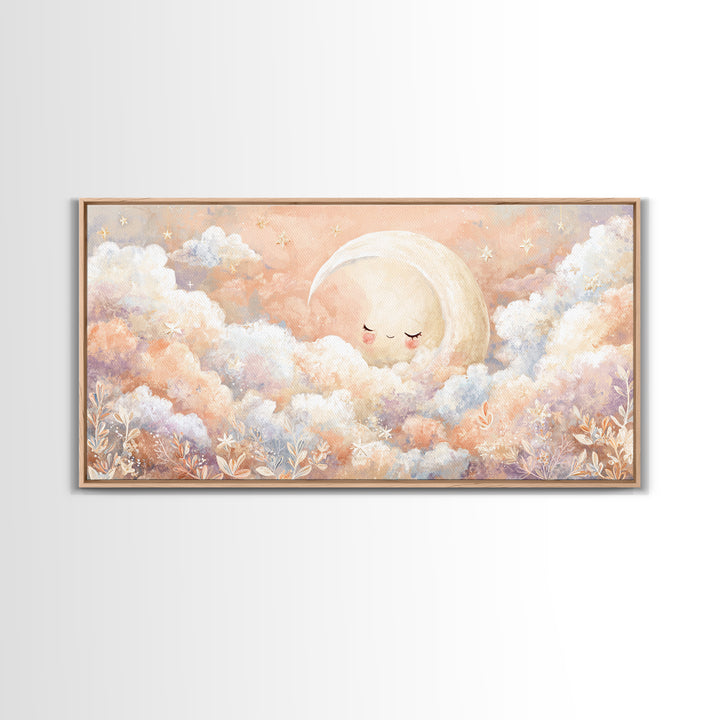Moon and Stars Framed Canvas Print, Nursery Art, Nursery Decor, Watercolor Art, Nursery, Kids Wall Art, Woodland Nursery, NUR-2x1-23