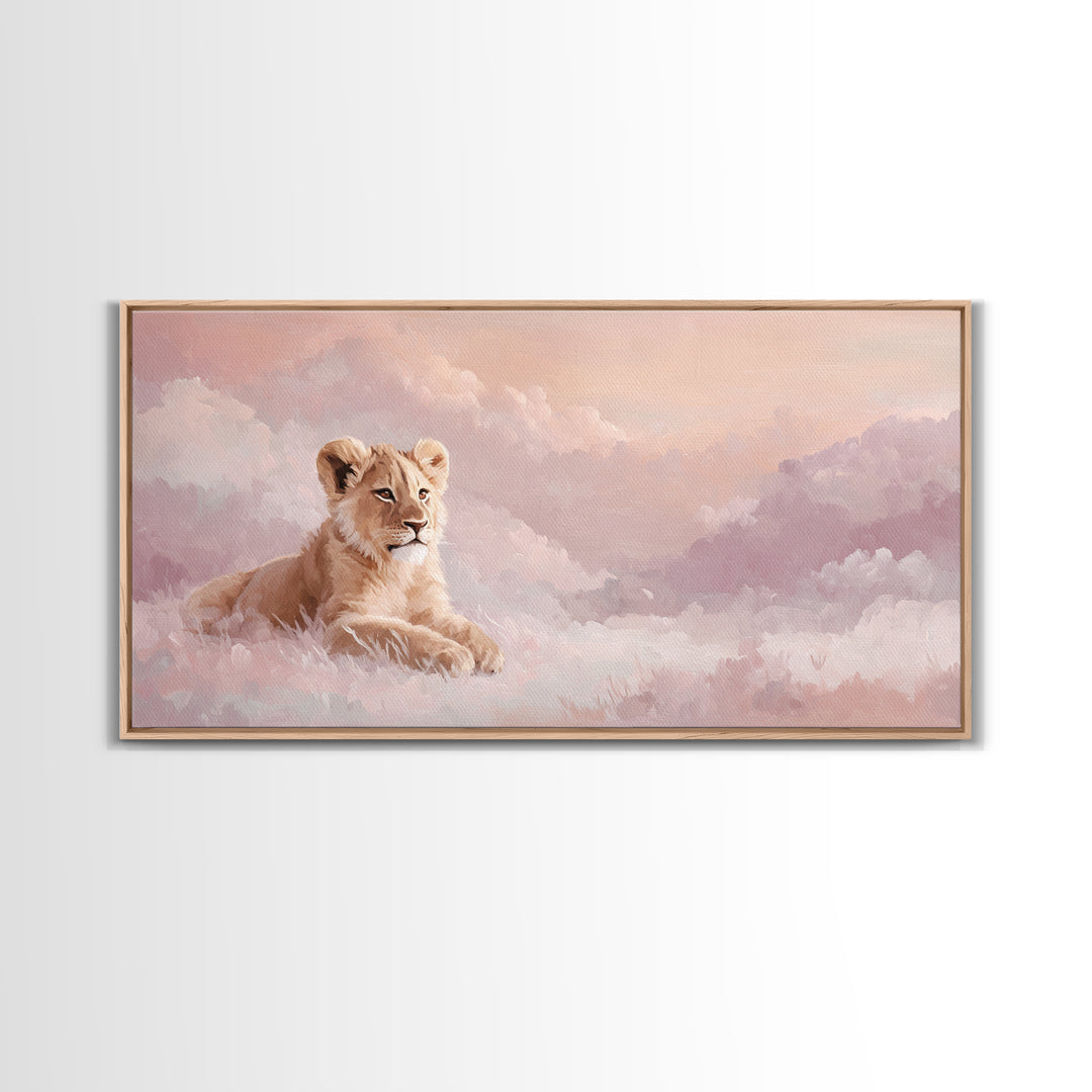 Lion Cub with Soft Golden Mane Framed Canvas Print, Nursery Art, Nursery Decor, Watercolor Art, Nursery 129, Wall Art Set of, NUR-2x1-29