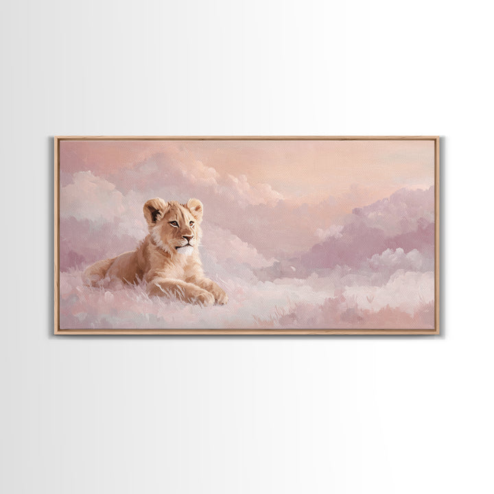 Lion Cub with Soft Golden Mane Framed Canvas Print, Nursery Art, Nursery Decor, Watercolor Art, Nursery 129, Wall Art Set of, NUR-2x1-29