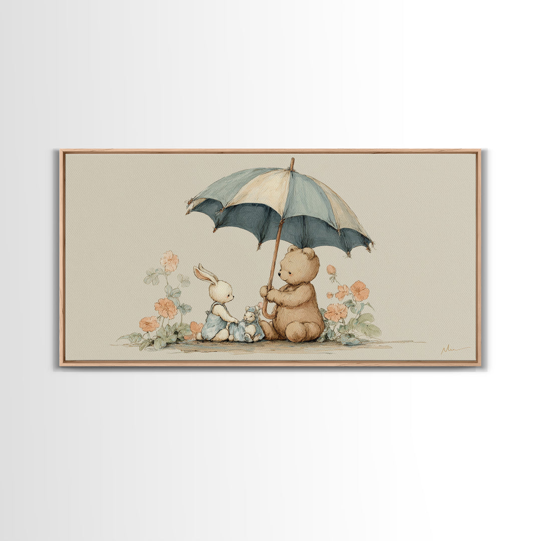 Bear and Rabbit Sharing Umbrella Framed Canvas Print, Nursery Art, Minimalist Decor, Nursery Decor, Fine Art, Nursery, NUR-2x1-37