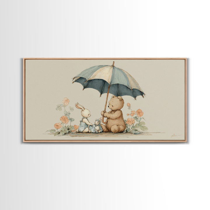 Bear and Rabbit Sharing Umbrella Framed Canvas Print, Nursery Art, Minimalist Decor, Nursery Decor, Fine Art, Nursery, NUR-2x1-37