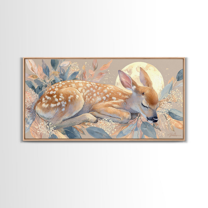 Deer Fawn Sleeping Framed Canvas Print, Nursery Art, Wall Hangings, Nursery Decor, Fine Art, Nursery, Digital Download Art, NUR-2x1-43