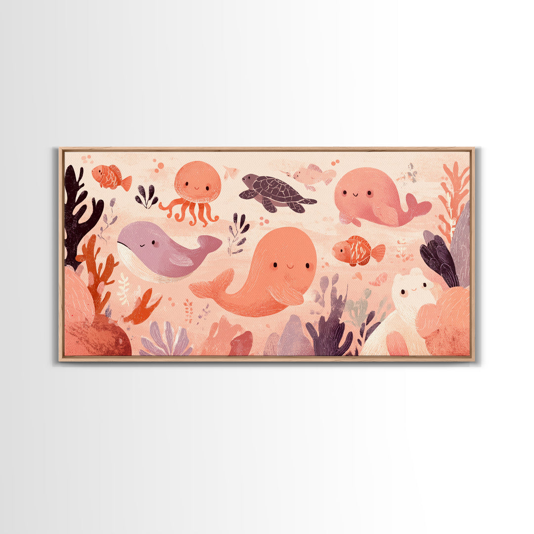 Friendly Ocean Creatures Canvas Print, Nursery Art, Textured Painting, Nursery Decor, Fine Art, Nursery, Wall Art Print, NUR-2x1-44