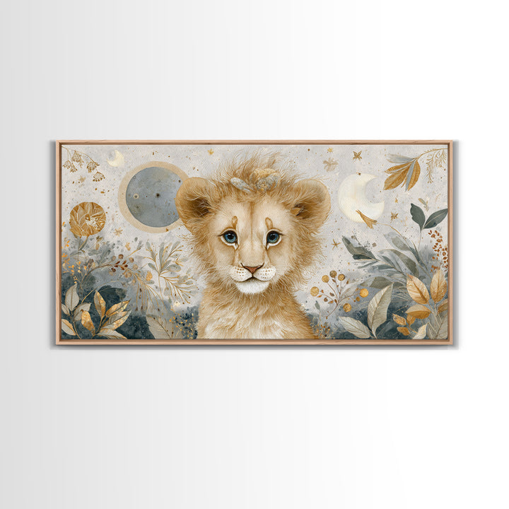Lion Cub with Soft Golden Mane Framed Canvas Print, Nursery Art, Nursery Decor, Watercolor Art, Nursery 105, Wall Art Set of, NUR-2x1-5