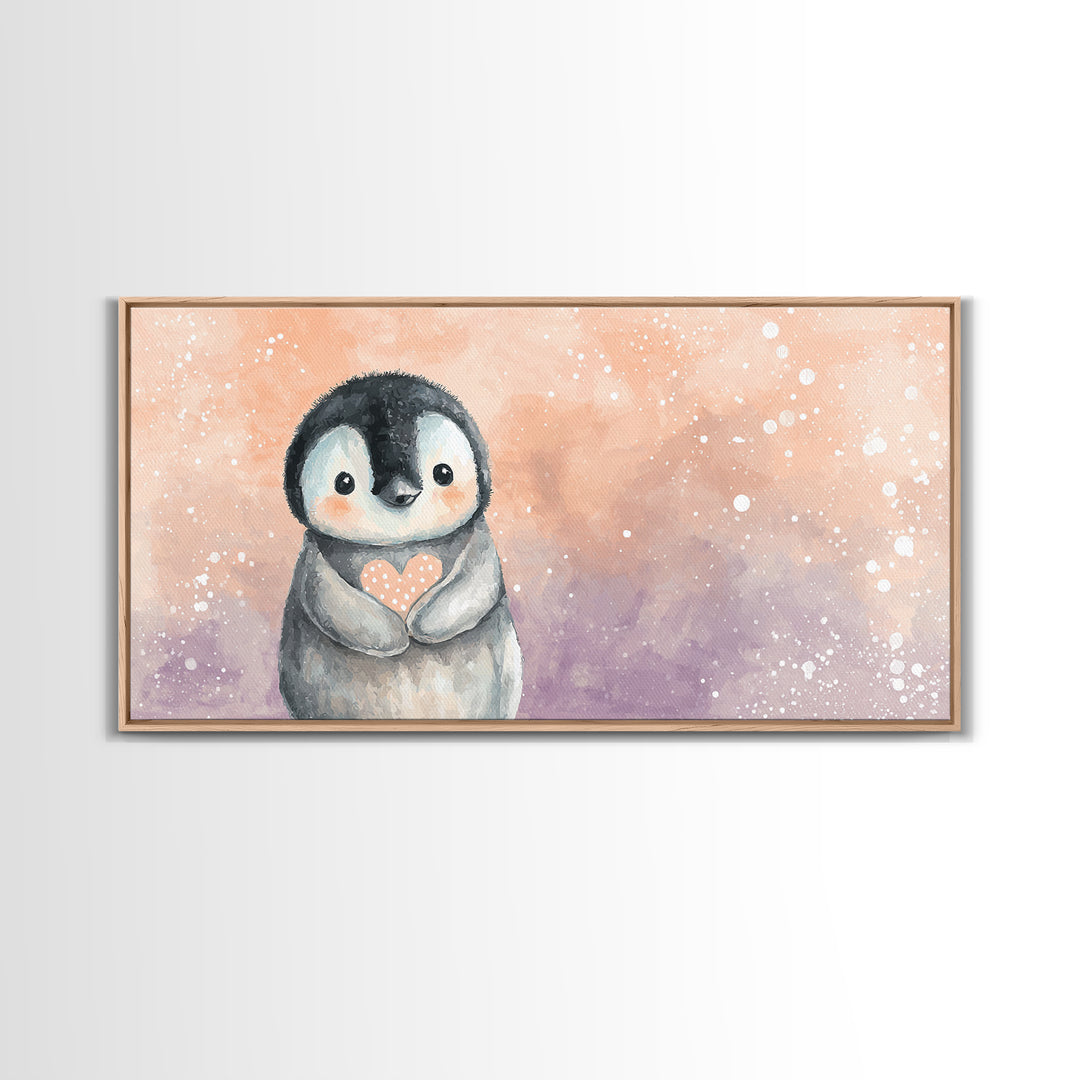 Penguin Holding a Little Heart Shape Canvas Print, Nursery Art, Contemporary Art, Nursery Decor, Abstract Art, Nursery, NUR-2x1-54