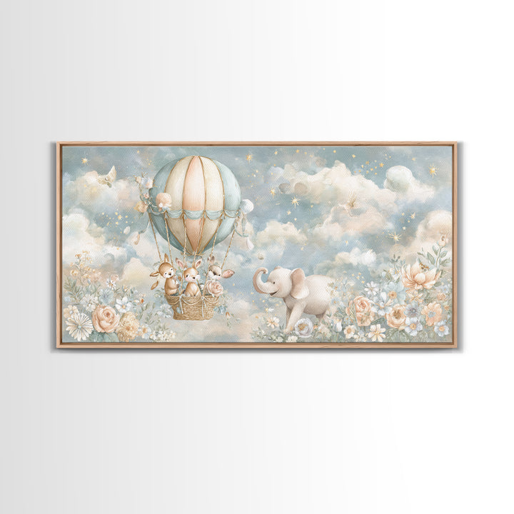 Floating Hot Air Balloon Framed Canvas Print, Nursery Art, Wall Hangings, Nursery Decor, Nursery, Digital Download Art, NUR-2x1-56