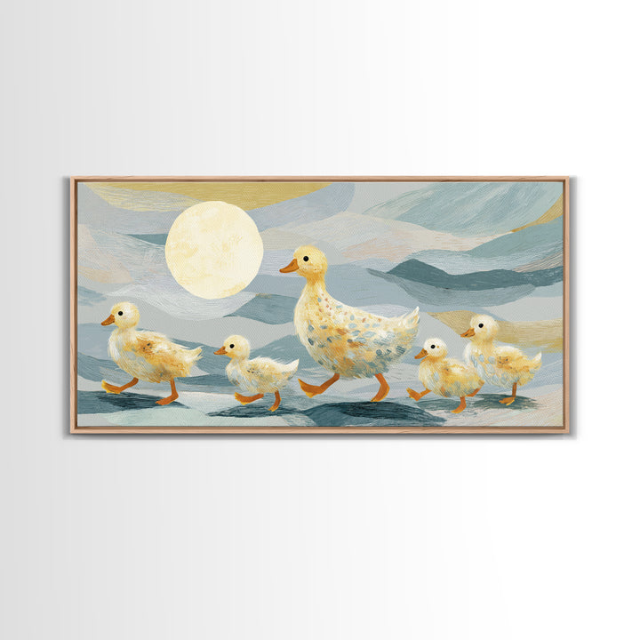 Ducklings Following a Mother Duck Canvas Print, Nursery Art, Wall Art, Nursery Decor, Oil Painting, Nursery, Nursery Prints, NUR-2x1-58