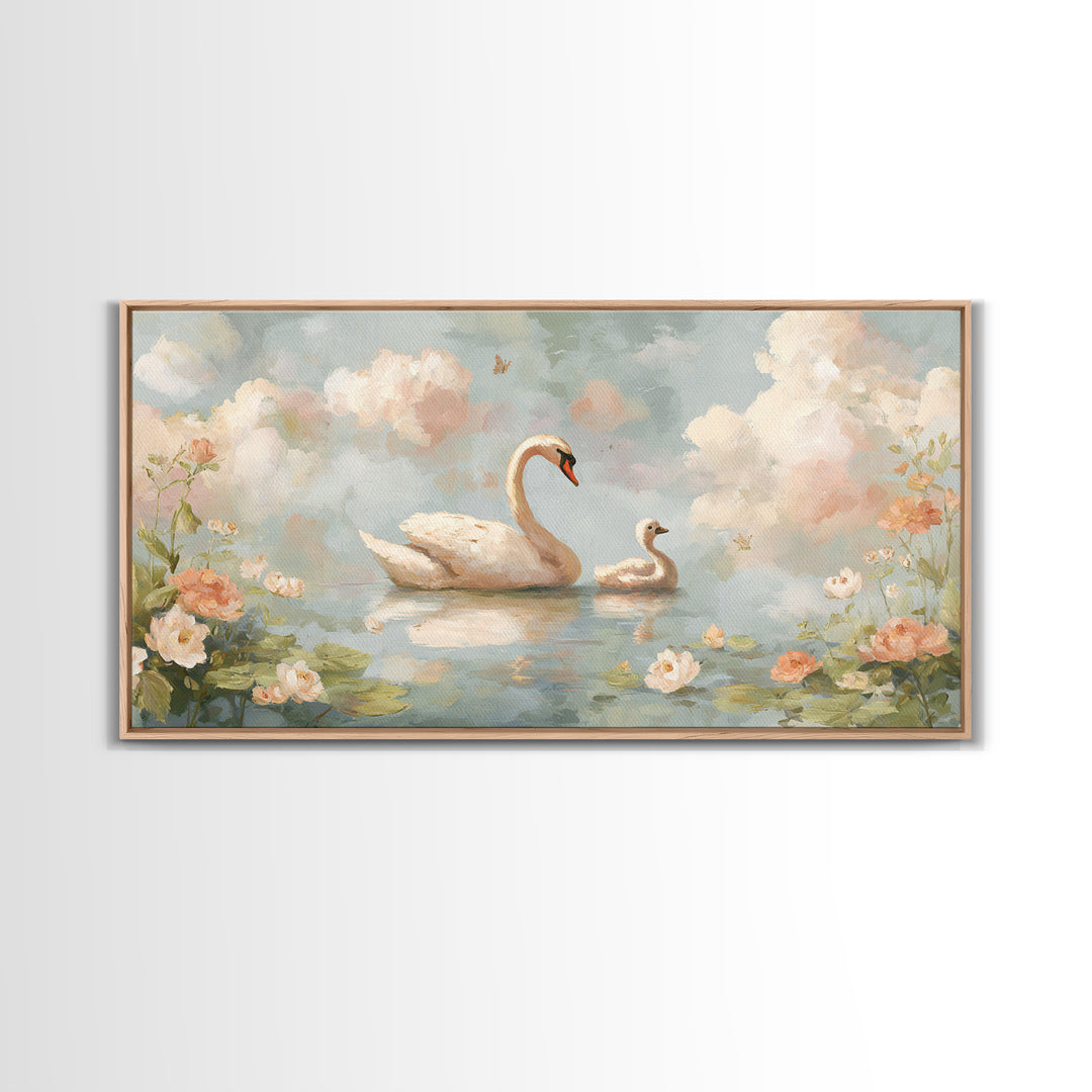Swan and Cygnet Framed Canvas Print, Nursery Art, Nursery Decor, Oil Painting, Nursery, Kids Wall Art, Woodland Nursery, NUR-2x1-60