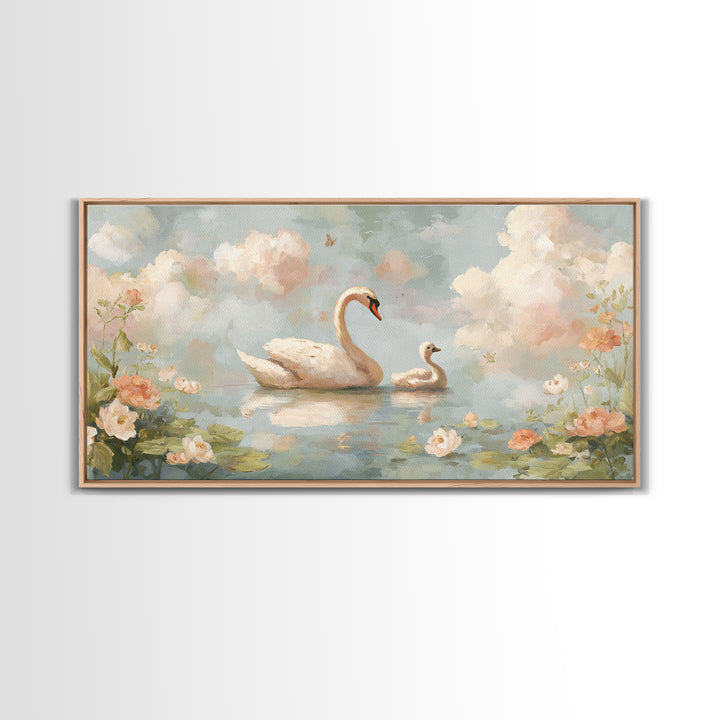 Swan and Cygnet Framed Canvas Print, Nursery Art, Nursery Decor, Oil Painting, Nursery, Kids Wall Art, Woodland Nursery, NUR-2x1-60