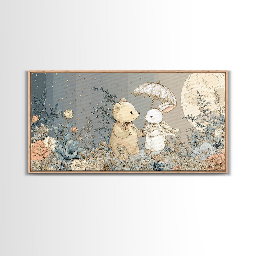 Bear and Rabbit Sharing Umbrella Canvas Print, Nursery Art, Printable Wall Art, Nursery Decor, Nursery, Butterfly Wall Art, NUR-2x1-61