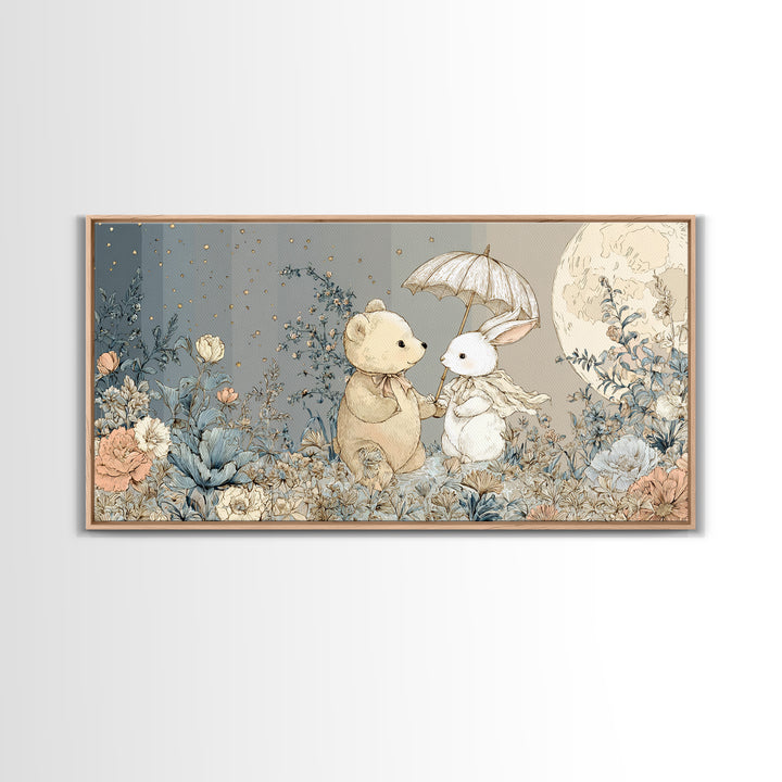 Bear and Rabbit Sharing Umbrella Canvas Print, Nursery Art, Printable Wall Art, Nursery Decor, Nursery, Butterfly Wall Art, NUR-2x1-61