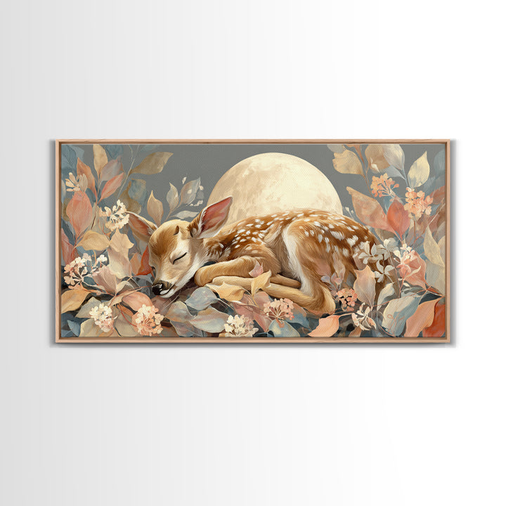 Deer Fawn Sleeping Framed Canvas Print, Nursery Art, Kids Room Art, Nursery Decor, Fine Art, Nursery, Textured Painting, NUR-2x1-67