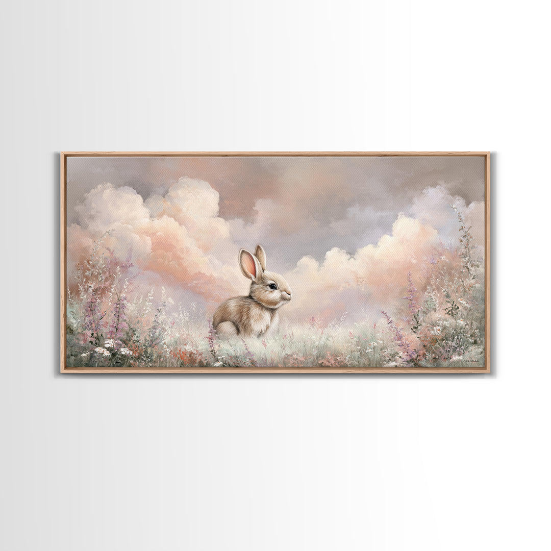 Soft Bunny in a Wildflower Meadow Canvas Print, Nursery Art, Nursery Wall Art, Nursery Decor, Watercolor Art, Nursery, NUR-2x1-73