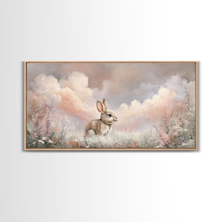 Soft Bunny in a Wildflower Meadow Canvas Print, Nursery Art, Nursery Wall Art, Nursery Decor, Watercolor Art, Nursery, NUR-2x1-73
