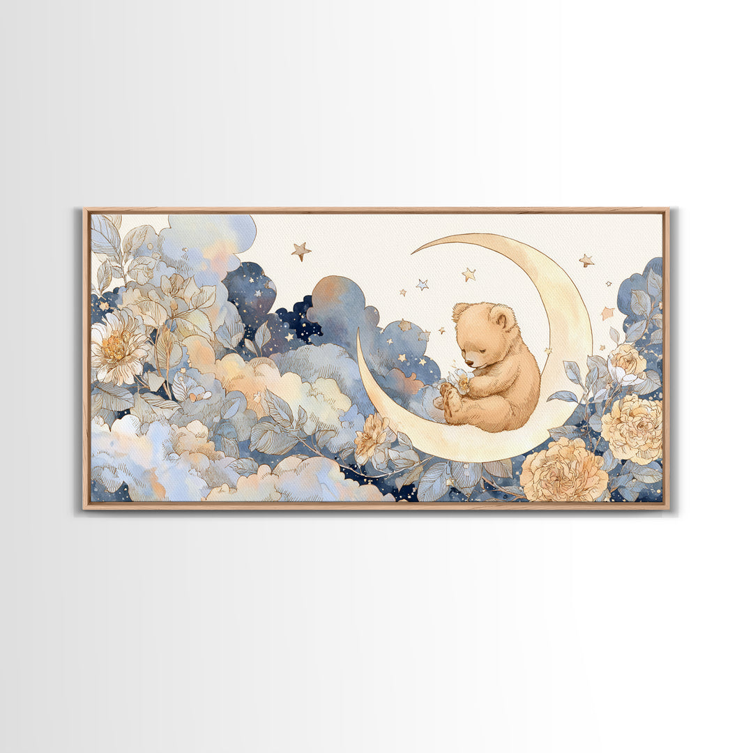Baby Bear Floating on a Crescent Moon Canvas Print, Nursery Art, Printable Wall Art, Nursery Decor, Watercolor Art, Nursery, NUR-2x1-74