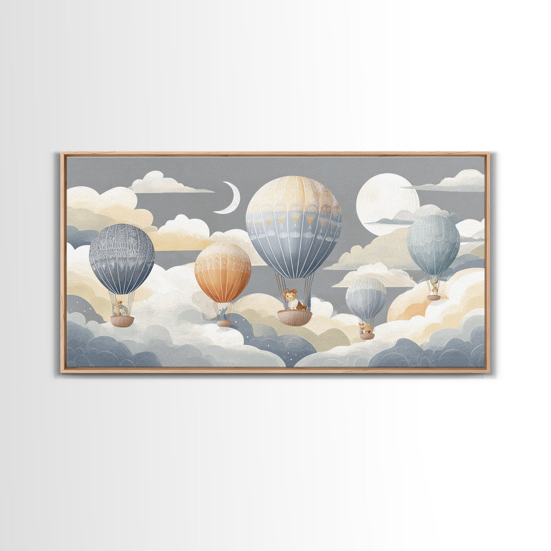 Floating Hot Air Balloon Framed Canvas Print, Nursery Art, Butterfly Wall Art, Nursery Decor, Nursery, Woodland Nursery Art, NUR-2x1-80