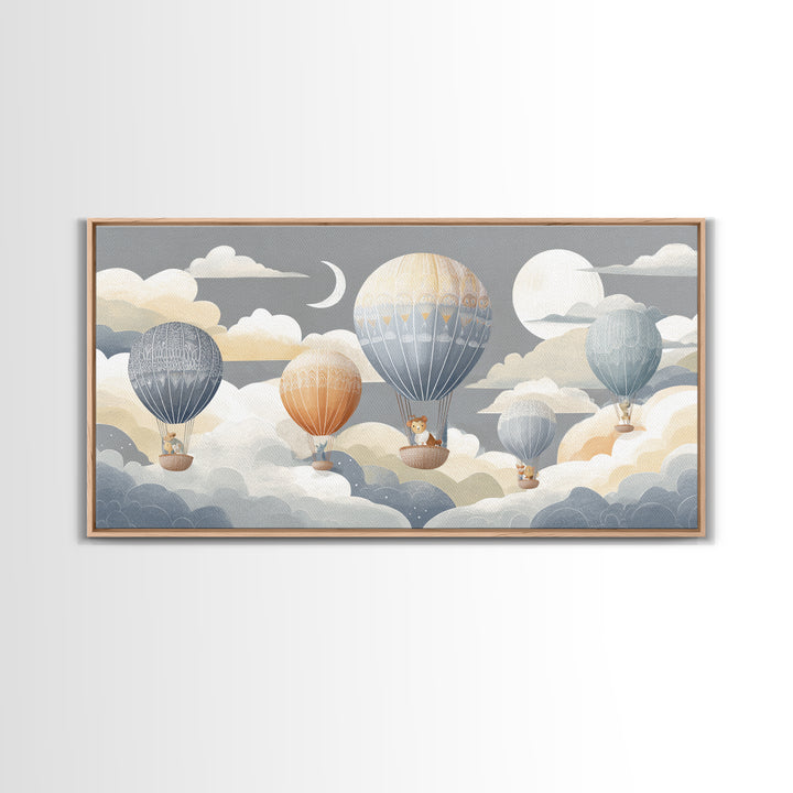 Floating Hot Air Balloon Framed Canvas Print, Nursery Art, Butterfly Wall Art, Nursery Decor, Nursery, Woodland Nursery Art, NUR-2x1-80
