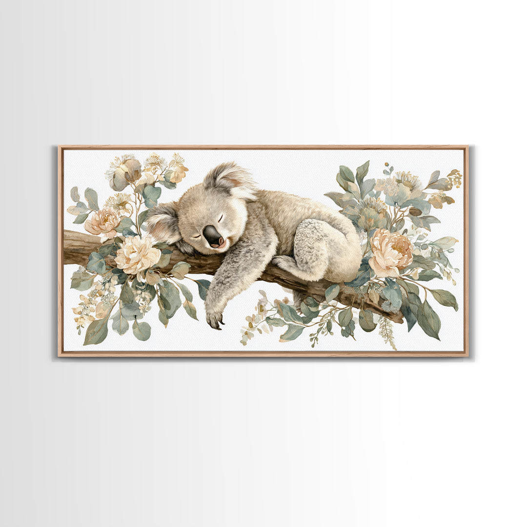 Sleeping Koala on Eucalyptus Branch Framed Canvas Print, Nursery Art, Nursery, Nursery Decor, Nursery, Playroom Wall Decor, NUR-2x1-81