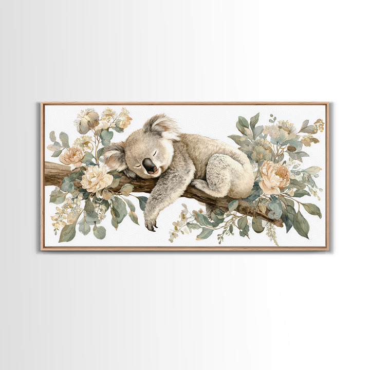 Sleeping Koala on Eucalyptus Branch Framed Canvas Print, Nursery Art, Nursery, Nursery Decor, Nursery, Playroom Wall Decor, NUR-2x1-81