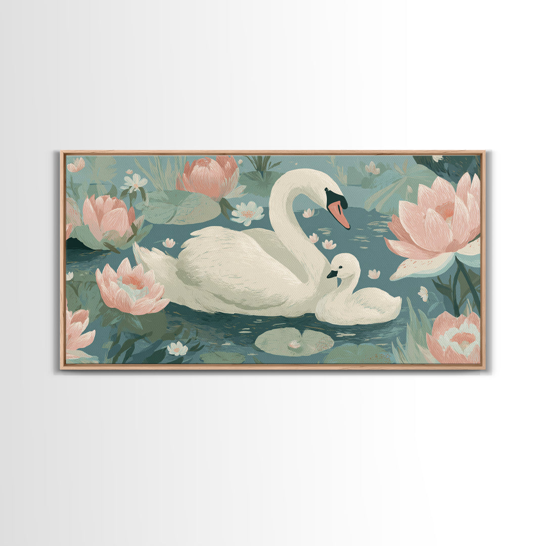 Swan and Cygnet Framed Canvas Print, Nursery Art, Digital Download Art, Nursery Decor, Fine Art, Nursery, Whimsical Wall Art, NUR-2x1-84