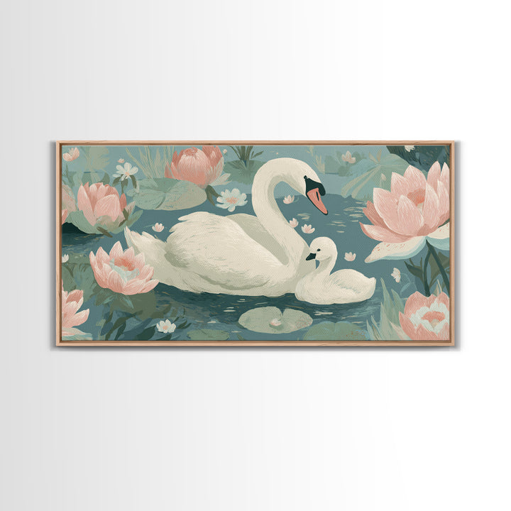 Swan and Cygnet Framed Canvas Print, Nursery Art, Digital Download Art, Nursery Decor, Fine Art, Nursery, Whimsical Wall Art, NUR-2x1-84