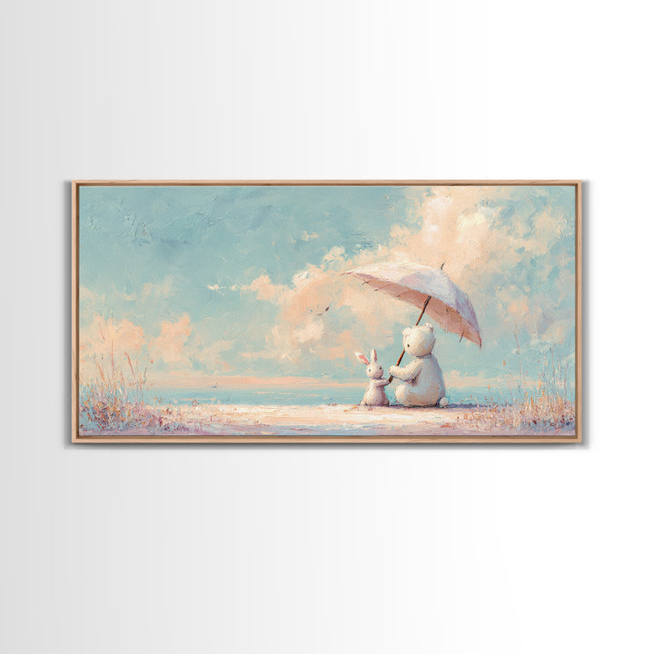 Bear and Rabbit Sharing Umbrella Framed Canvas Print, Nursery Art, Wall Art Print, Nursery Decor, Nursery, Baby Girl Nursery, NUR-2x1-85
