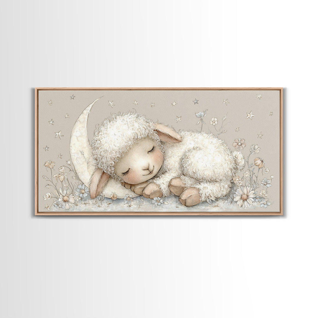Little Lamb under a Starry Sky Framed Canvas Print, Nursery Art, Playroom Wall Decor, Nursery Decor, Fine Art, Nursery, NUR-2x1-87