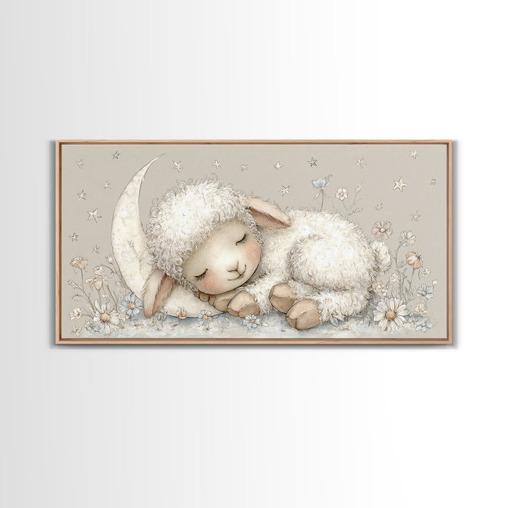 Little Lamb under a Starry Sky Framed Canvas Print, Nursery Art, Playroom Wall Decor, Nursery Decor, Fine Art, Nursery, NUR-2x1-87
