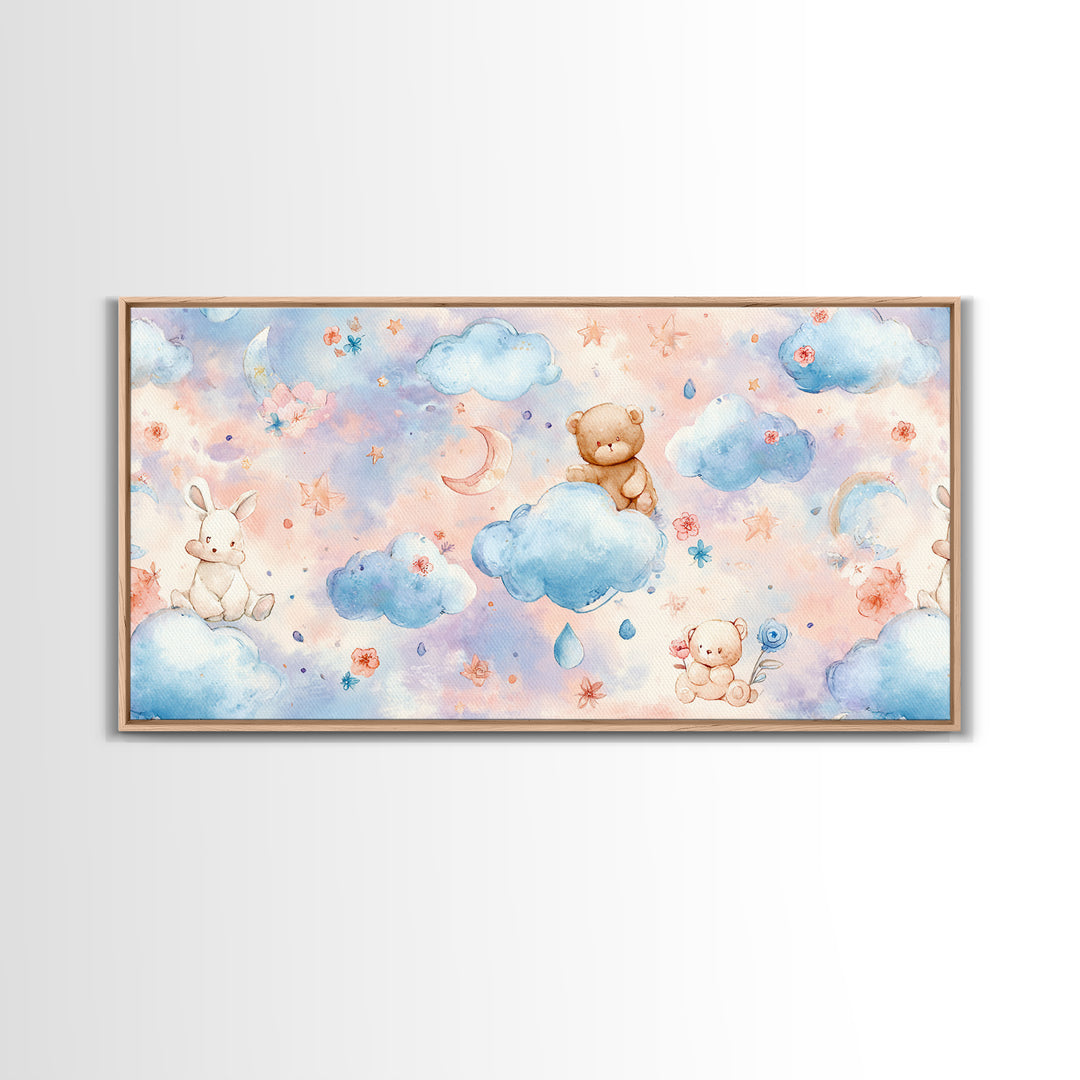 Clouds and Raindrops Framed Canvas Print, Nursery Art, Art Print, Nursery Decor, Oil Painting, Nursery 190, Wall Art Set of, NUR-2x1-90