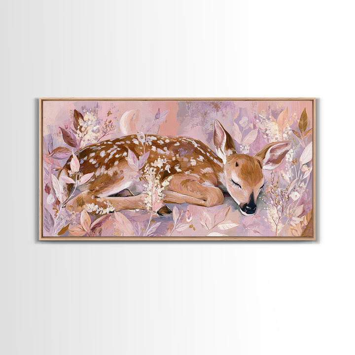 Deer Fawn Sleeping Framed Canvas Print, Nursery Art, Nursery Wall Art, Nursery Decor, Fine Art, Nursery, Woodland Nursery, NUR-2x1-91
