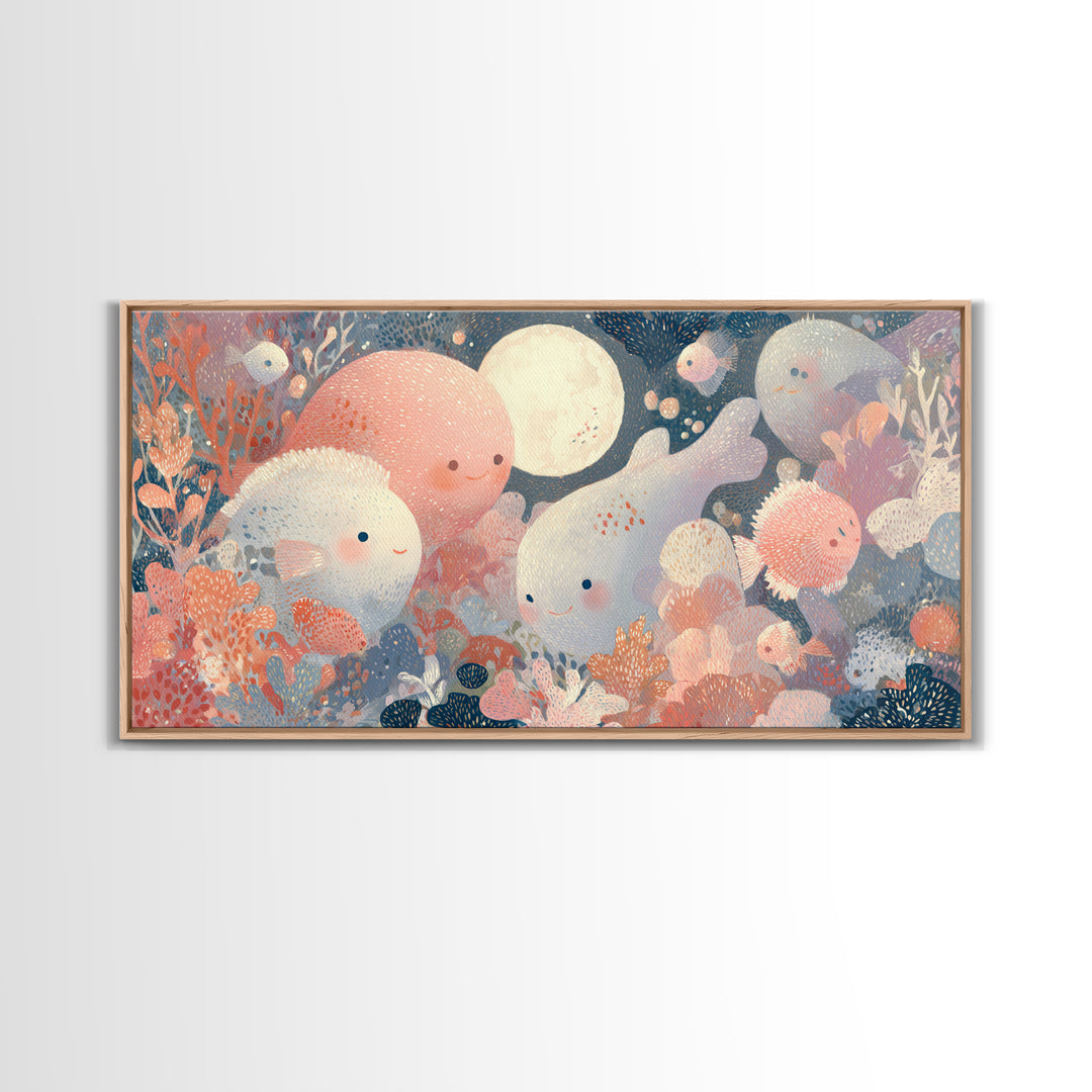 Friendly Ocean Creatures Framed Canvas Print, Nursery Art, Playroom Decor, Nursery Decor, Fine Art, Nursery, Kids Room Wall Art, NUR-2x1-92