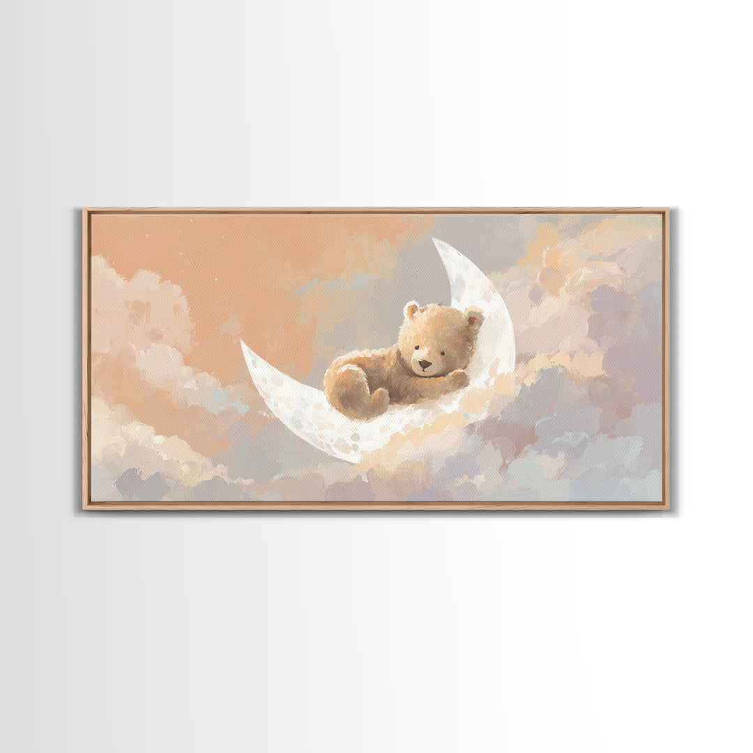 Baby Bear Floating on a Crescent Moon Canvas Print, Nursery Art, Printable Wall Art, Nursery Decor, Watercolor Art, Nursery, NUR-2x1-98