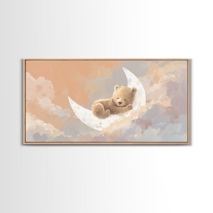 Baby Bear Floating on a Crescent Moon Canvas Print, Nursery Art, Printable Wall Art, Nursery Decor, Watercolor Art, Nursery, NUR-2x1-98