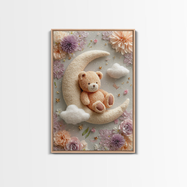 Baby Bear Floating on a Crescent Moon Canvas Print, Nursery Art, Luxury Decor, Nursery Decor, Oil Painting, Nursery, NUR-2x3-14