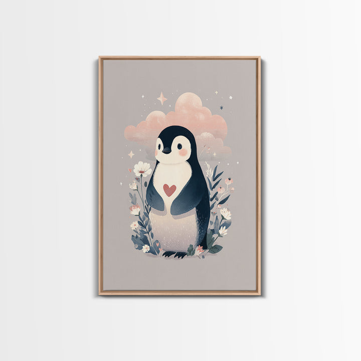 Penguin Holding a Little Heart Shape Framed Canvas Print, Nursery Art, Room Decor, Nursery Decor, Abstract Art, Nursery, NUR-2x3-18