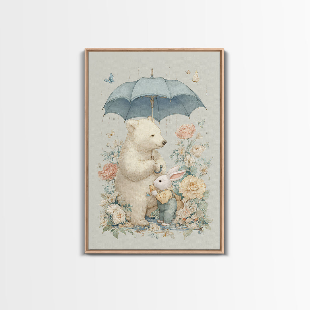 Bear and Rabbit Sharing Umbrella Framed Canvas Print, Nursery Art, Wall Art, Nursery Decor, Fine Art, Nursery, Nursery Prints, NUR-2x3-25