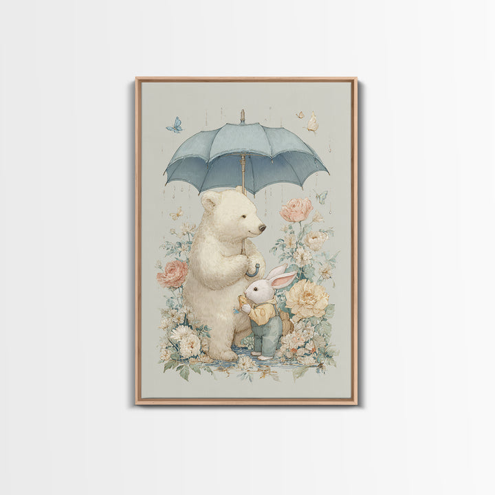 Bear and Rabbit Sharing Umbrella Framed Canvas Print, Nursery Art, Wall Art, Nursery Decor, Fine Art, Nursery, Nursery Prints, NUR-2x3-25