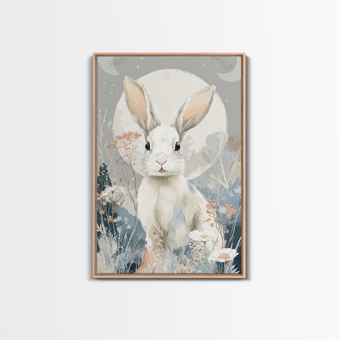 Soft Bunny in a Wildflower Meadow Framed Canvas Print, Nursery Art, Digital Art, Nursery Decor, Nursery, Girl Nursery Decor, NUR-2x3-37