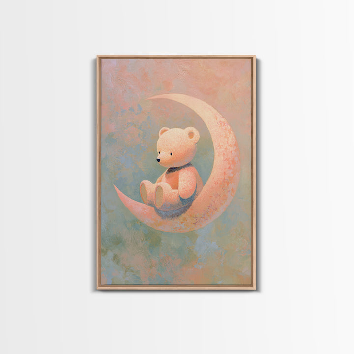 Baby Bear Floating on a Crescent Moon Framed Canvas Print, Nursery Art, Wall Art, Nursery Decor, Nursery, Nursery Prints, NUR-2x3-38